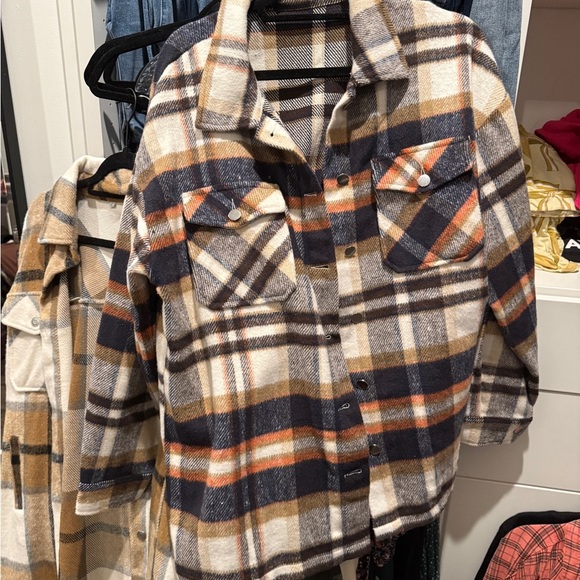 Plaid Button-Up Jacket - Cream, Brown, and Orange - Picture 1 of 1